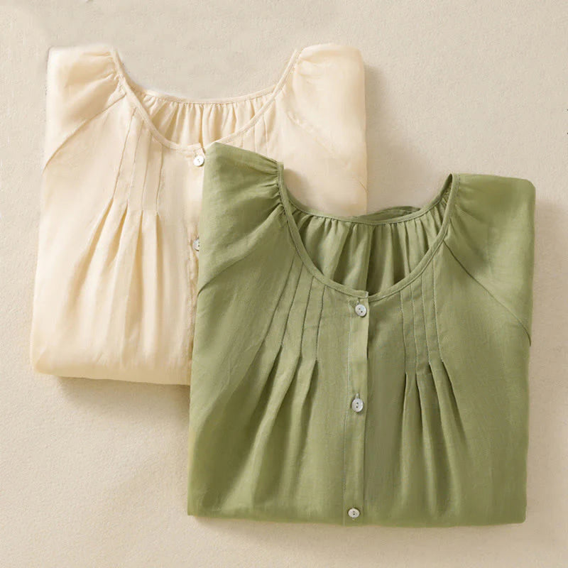 Buddha Stones Plain Button Crew Neck Three Quarter Sleeve Women's Cotton Shirt