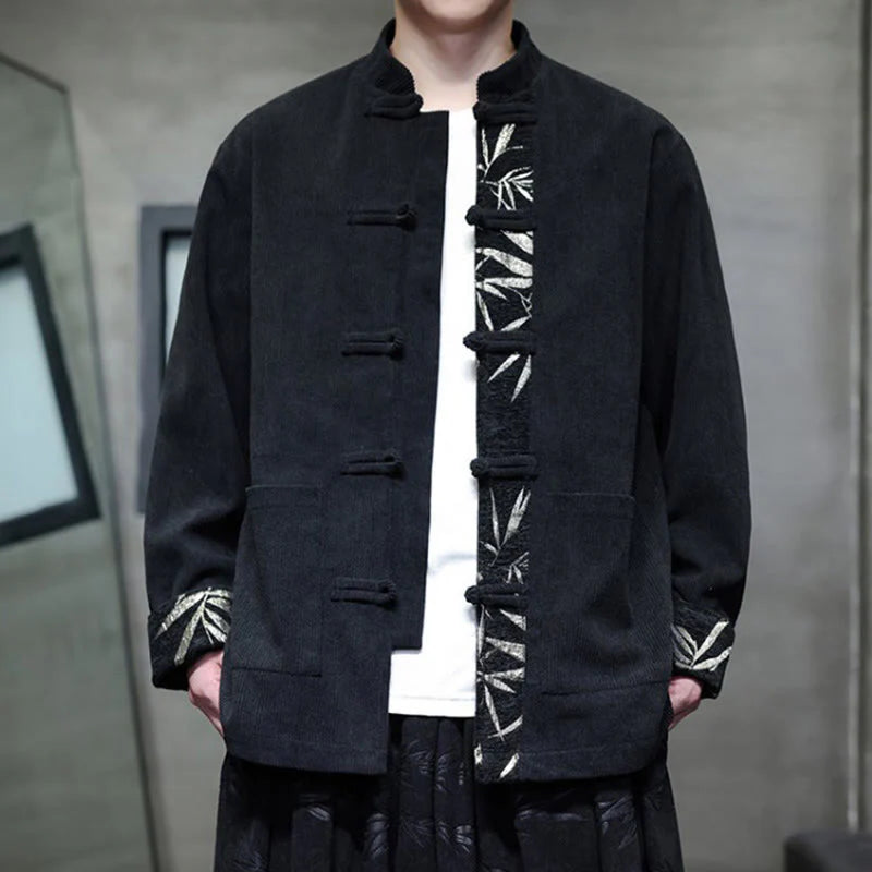 Buddha Stones Fall Bamboo Frog-Button Long Sleeve Men's Corduroy Cotton Jacket With Pockets