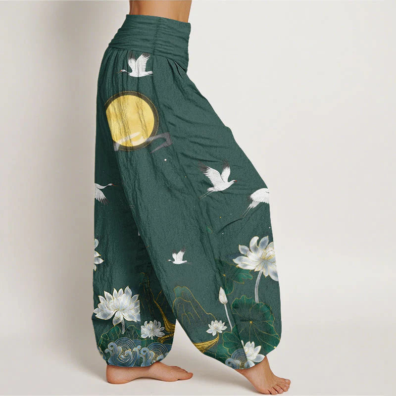 Buddha Stones Pure Cotton Crane Blooming Lotus Moon Mountain Women's Elastic Waist Harem Pants