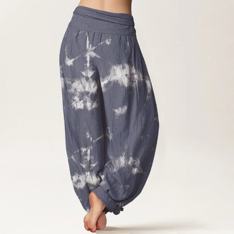 Buddha Stones Pure Cotton White Lines Spots Tie-Dye Pattern Women's Elastic Waist Harem Pants