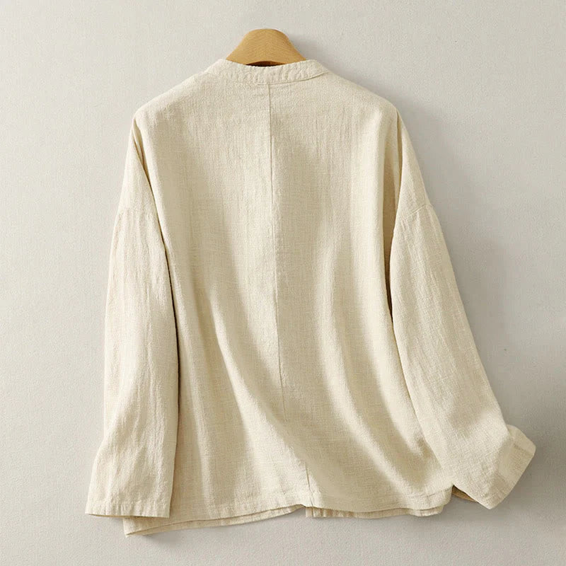 Buddha Stones Plain Chinese Frog-Button Long Sleeve Women's Cotton Linen Zen Clothing Shirt