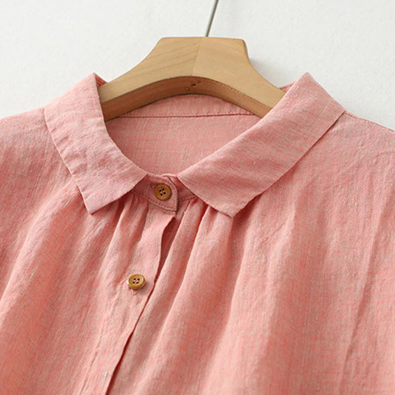 Buddha Stones Casual Plain Buttons Women's Cotton Linen Half Sleeve Shirt