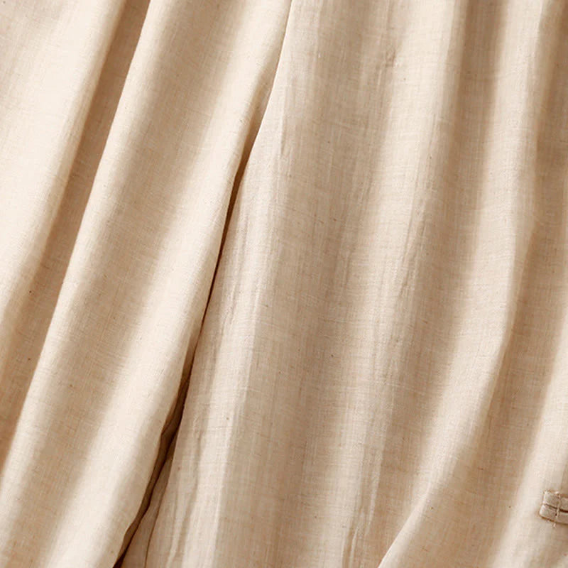 Buddha Stones Frog-Button Hem Slit Design Women's Wide Leg Cotton Linen Pants With Pockets