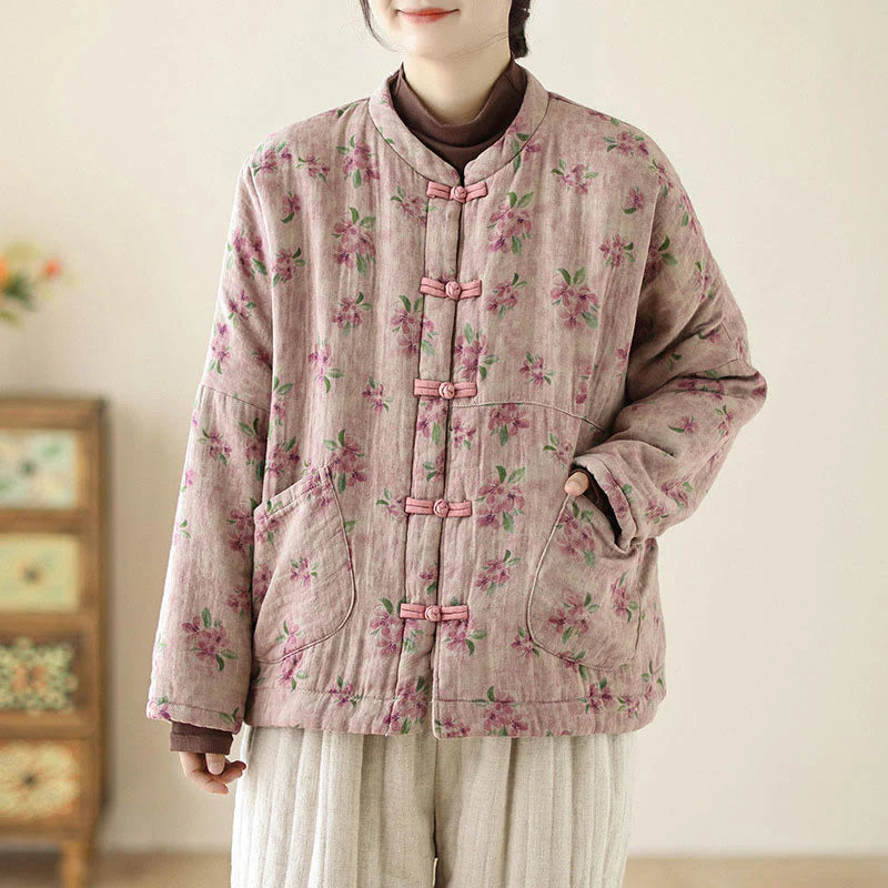 Buddha Stones Women's Long Sleeve Thermal Cotton Printed Florwer Pattern Jacket With Pockets