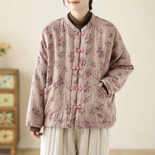 Buddha Stones Women's Long Sleeve Thermal Cotton Printed Florwer Pattern Jacket With Pockets