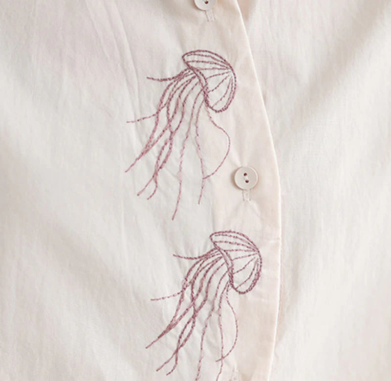 Buddha Stones Casual Women's Embroidered Jellyfish Pattern Stand Collar Buttons Design Half Sleeve Cotton Shirt