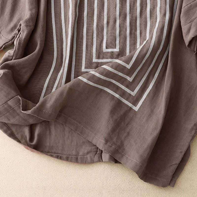 Buddha Stones Casual Line Printing Pattern Short Sleeve Cotton Linen Women's T-Shirt