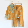 Buddha Stones 2pcs Frog-Button Printed Long Sleeve Cardigan Shirt Pants With Pockets Cotton Set