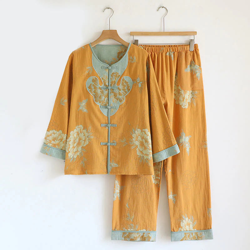 Buddha Stones 2pcs Frog-Button Printed Long Sleeve Cardigan Shirt Pants With Pockets Cotton Set