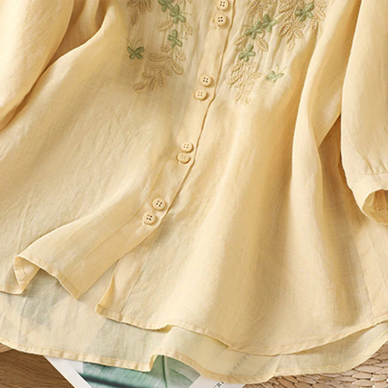 Buddha Stones Casual Plant Embroidery Stand Collar Women's Cotton Blend Three Quarter Sleeve Shirt