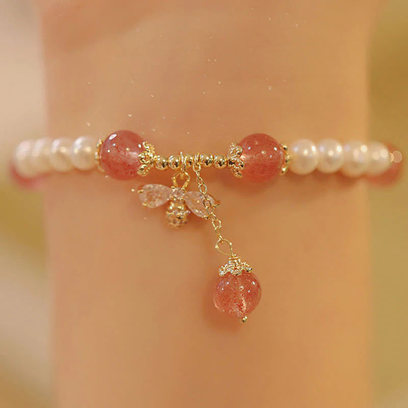 Buddha Stones Natural Pearl Strawberry Quartz Healing Cute Honey Bee Charm Bracelet
