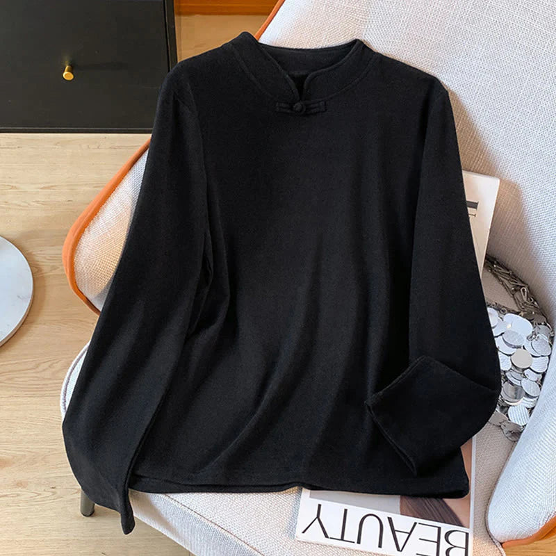 Buddha Stones Spring Solid Color Stand Collar Frog-button Design Women's Cotton Long Sleeve Shirt