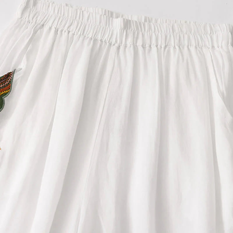 Buddha Stones Summer Embroidery Double Layer Cotton Linen Women's Wide Leg Pants With Pockets