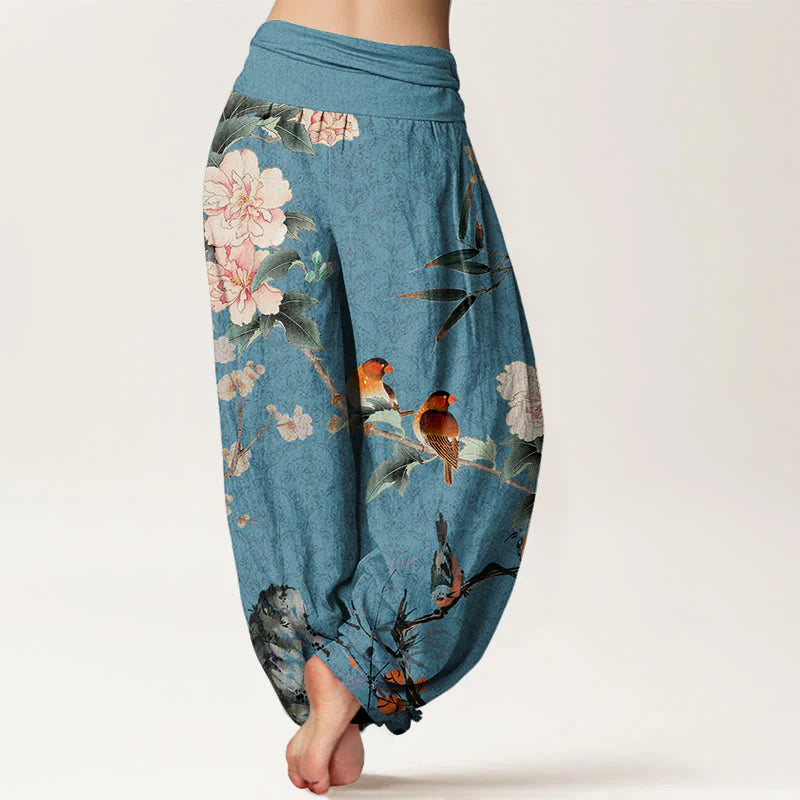 Buddha Stones Cotton Warbler Bird Blooming Flower Branches Mandala Pattern Women's Elastic Waist Harem Pants