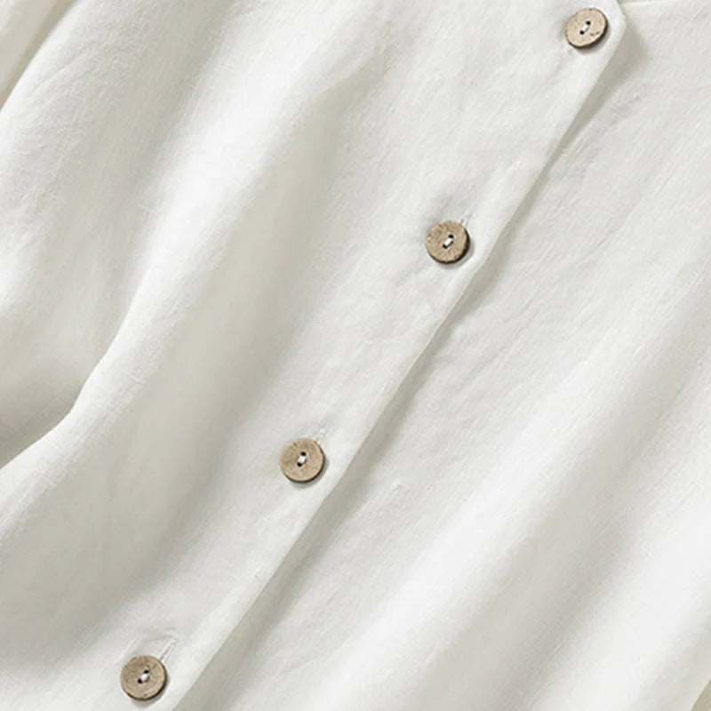 Buddha Stones Spring Plain Buttons Design V-Neck Long Sleeve Women's Cotton Linen Shirt