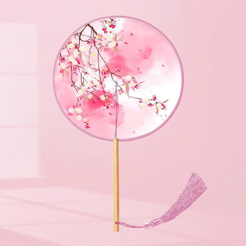 Buddha Stones Ginkgo Leaf Koi Fish Cherry Blossom Spring Flowers Handheld Wood Handle Fan