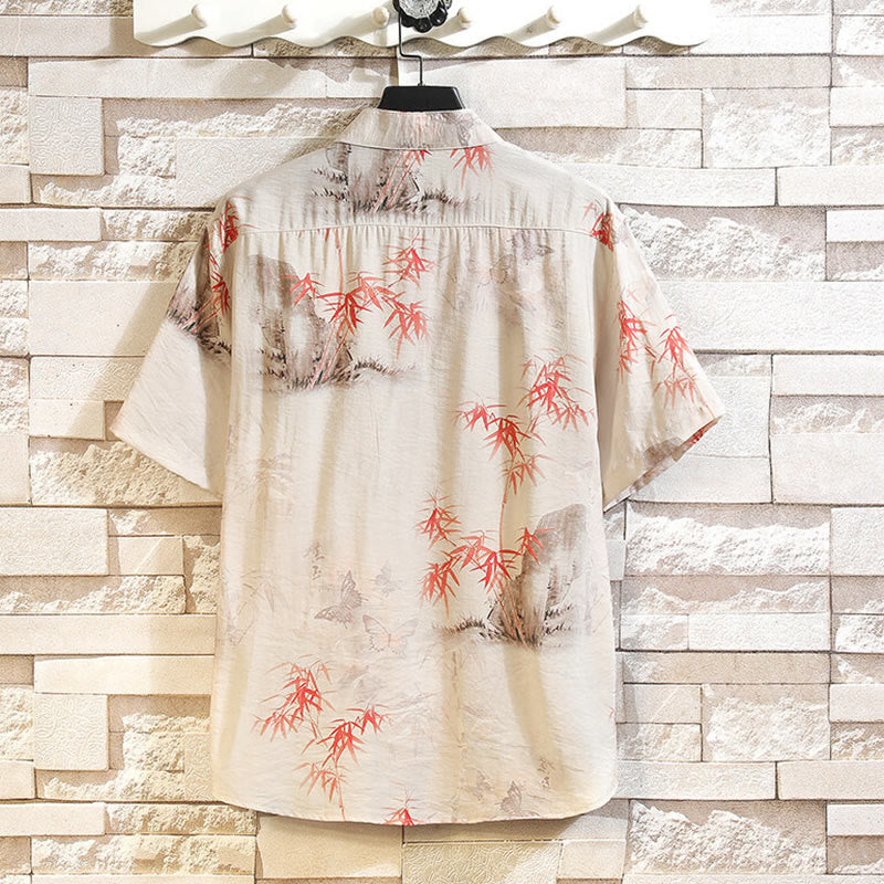 Buddha Stones Summer Bamboo Butterfly Pattern Short Sleeve Frog-button Design Men's Shirt Jacket