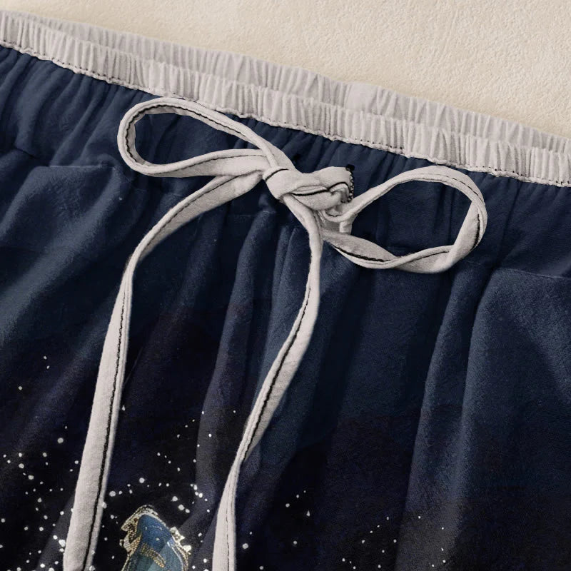 Buddha Stones Pure Cotton Auspicious Landscape Crane Pattern Women's Elastic Waist Pants With Pockets