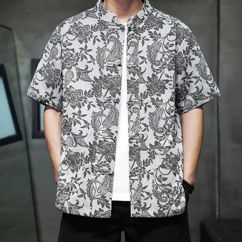 Buddha Stones Casual Jacquard Paisley Flower Plant Pattern Frog-Button Design Men's Cotton Shirt Cardigan With Pockets