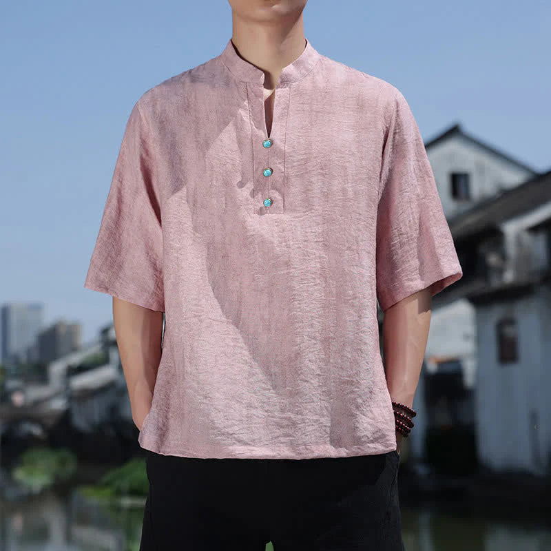 Buddha Stones Summer Dai Ethnic Short Sleeve Men's Notched Collar Button T-Shirt