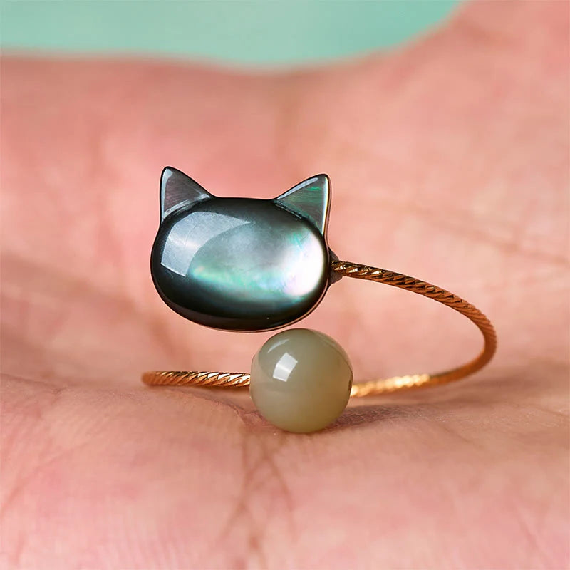 Buddha Stones Sending Protection and Charm Tridacna Stone Cat Ring Includes Gift Message Card