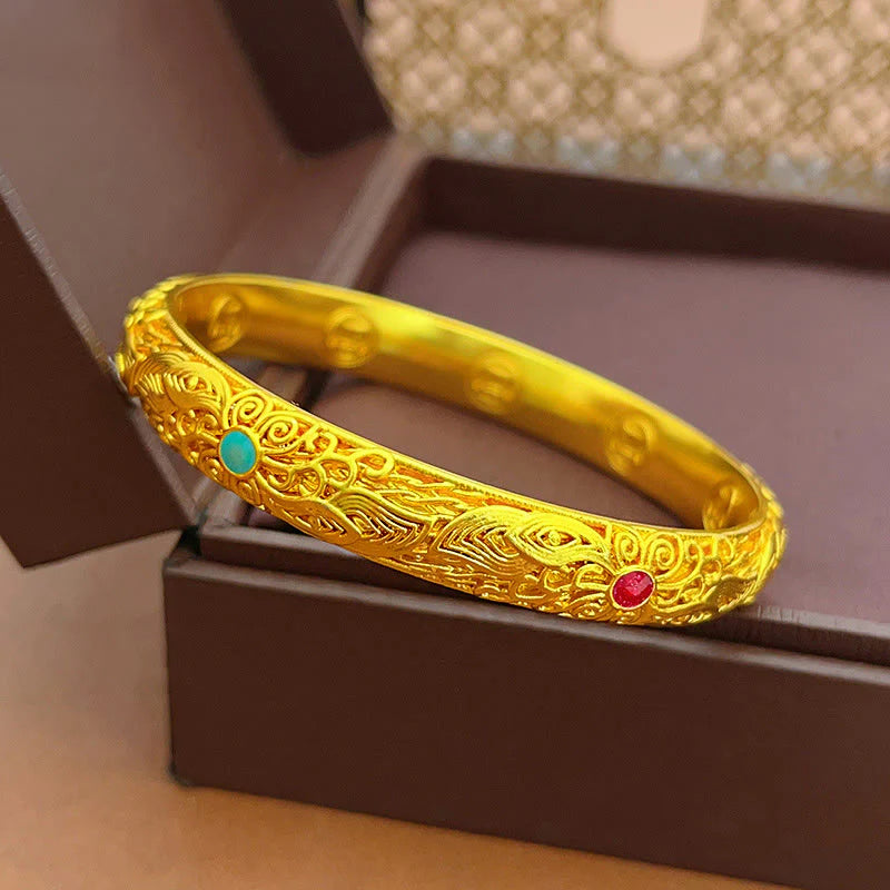 Buddha Stones Copper Plated Gold Flowers Leaves Luck Bracelet Bangle