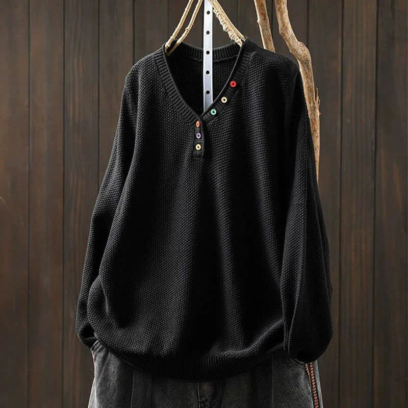 Buddha Stones Fall Colorful Buttons V-Neck Cotton Women's Long Sleeve Knitted Sweater