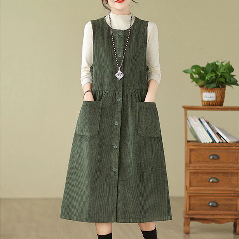 Buddha Stones Fall Retro Buttons Design Corduroy Sleeveless Midi Dress With Pockets