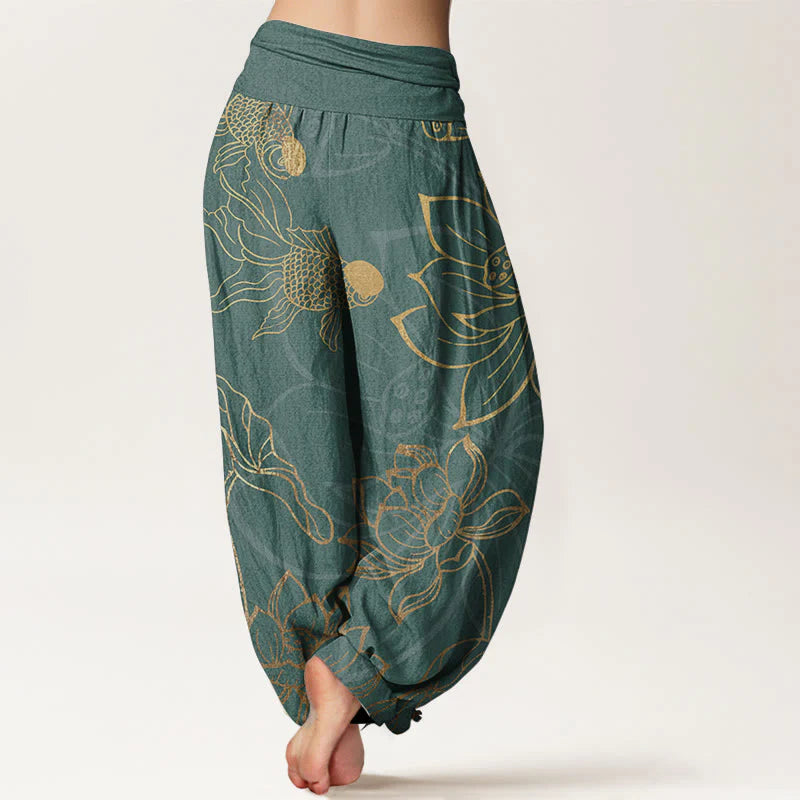 Buddha Stones Cotton Lotus Leaf Koi Fish Women's Elastic Waist Harem Pants
