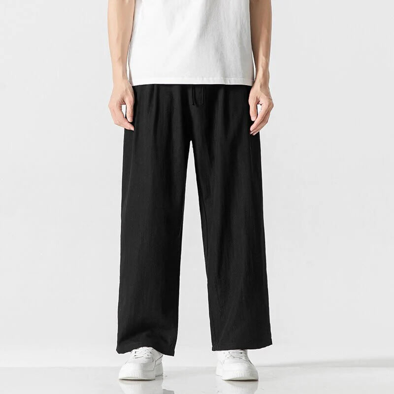 Buddha Stones Summer Casual Plain Straight Leg Design Men's Cotton Linen Drawstring Pants With Pockets