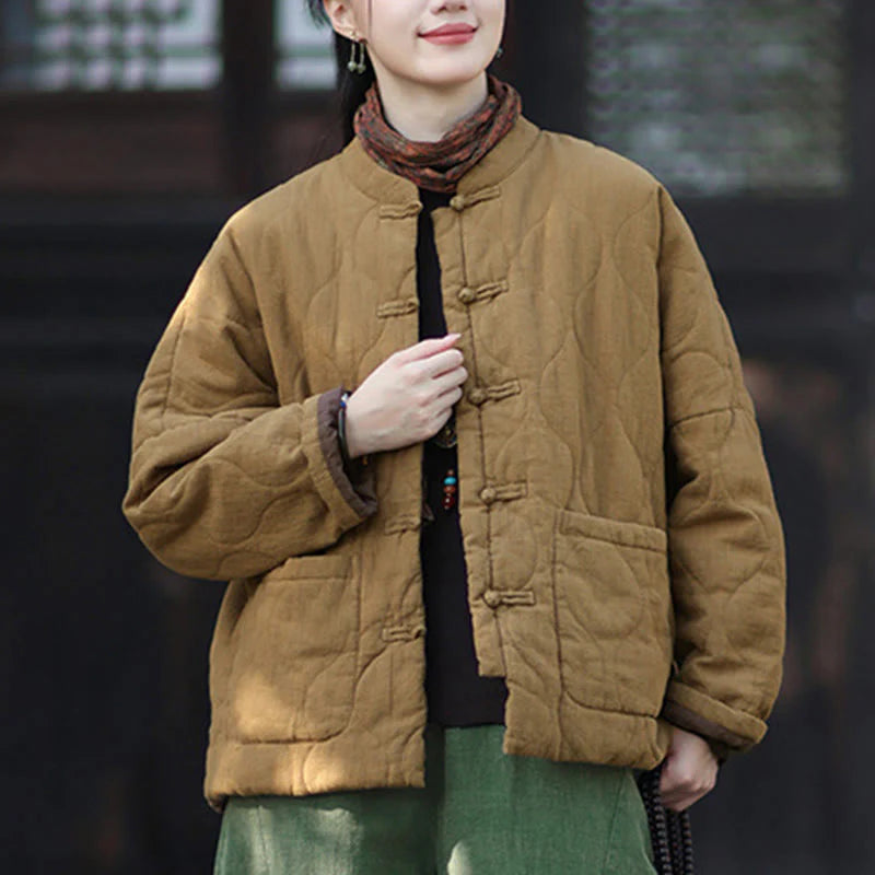 Buddha Stones Winter Curved Lines Frog-Button Ramie Cotton Long Sleeve Women's Thermal Jacket With Pockets