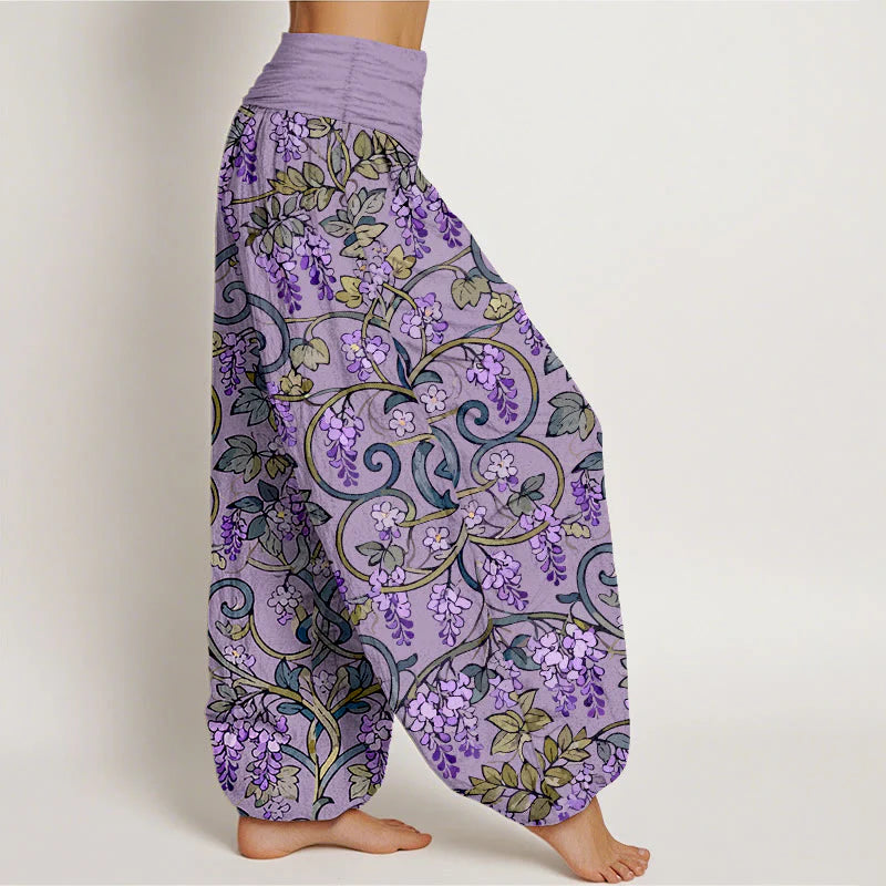 Buddha Stones Pure Cotton Retro Gorgeous Wisteria Women's Elastic Waist Harem Pants