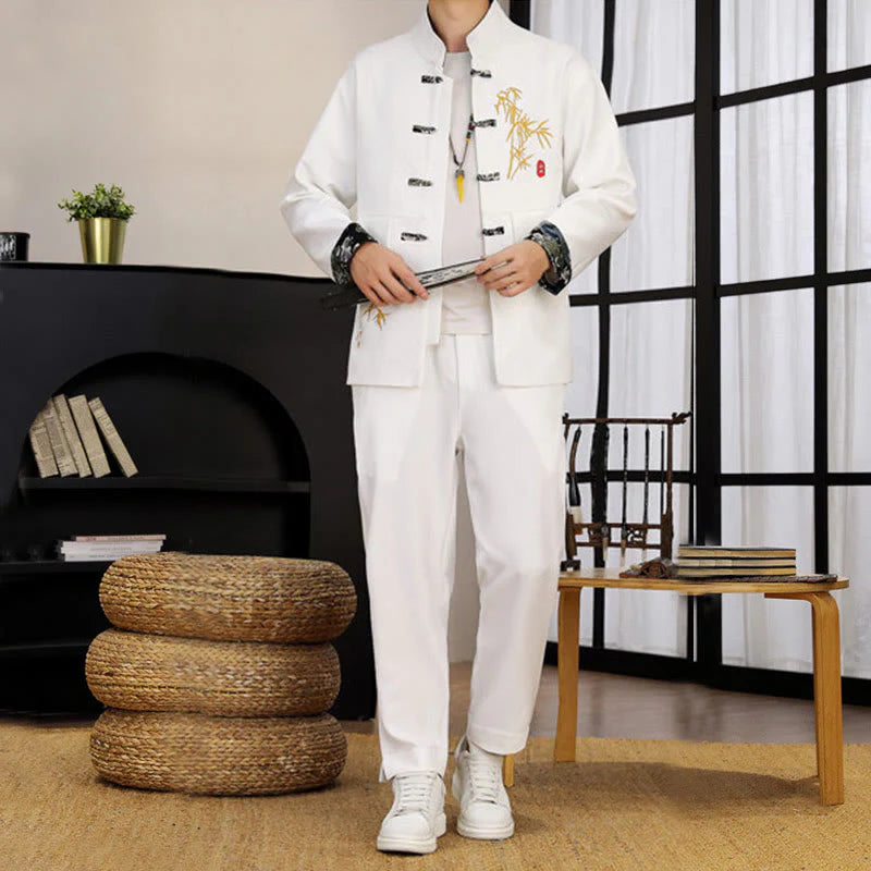 Buddha Stones 2Pcs Tang Suit Bamboo Frog-Button Men's Long Sleeve Shirt Pants Clothing Set