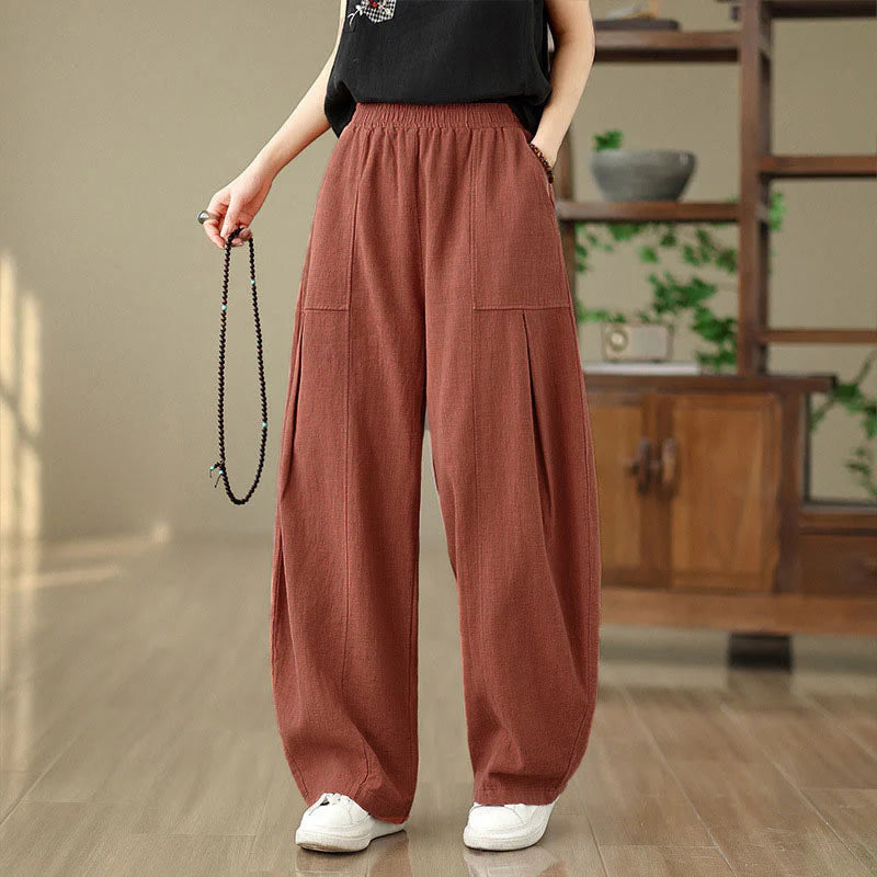 Buddha Stones Solid Color Cotton Linen Women's Straight Leg Pants With Pockets