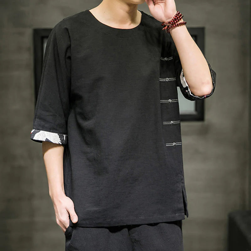 Buddha Stones Summer Retro Solid Color Patchwork Design Men's Three Quarter Sleeve Cotton Linen T-Shirt