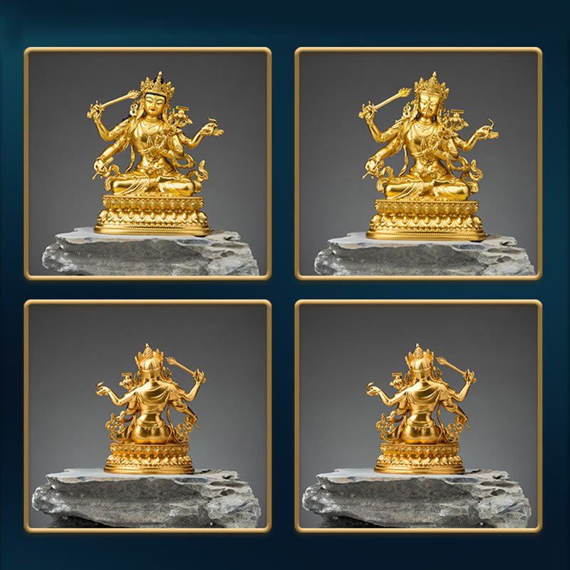 Buddha Stones Four-armed Manjusri Bodhisattva Gold Figurine Compassion Serenity Copper Statue Home Decoration