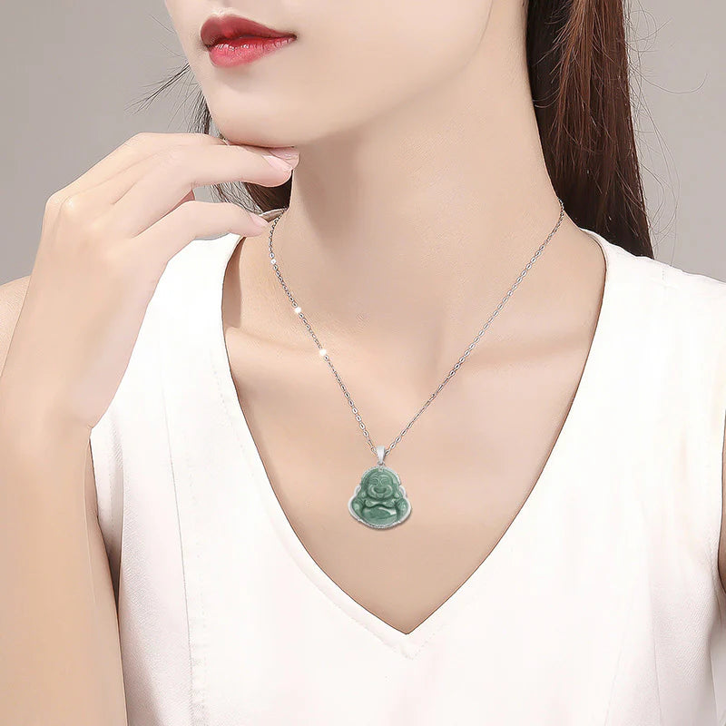 Buddha Stones Laughing Buddha Jade Abundance Necklace Titanium Steel Chain Pendant