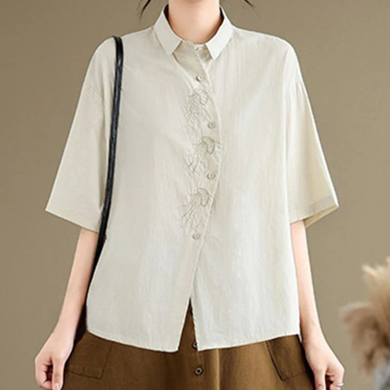 Buddha Stones Casual Women's Embroidered Jellyfish Pattern Stand Collar Buttons Design Half Sleeve Cotton Shirt