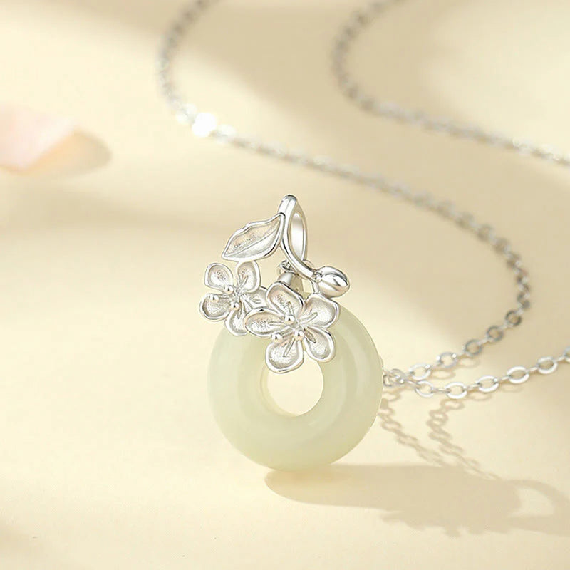 Buddha Stones Hetian Jade 999 Sterling Silver Peace Buckle Peach Blossom Necklace Pendant