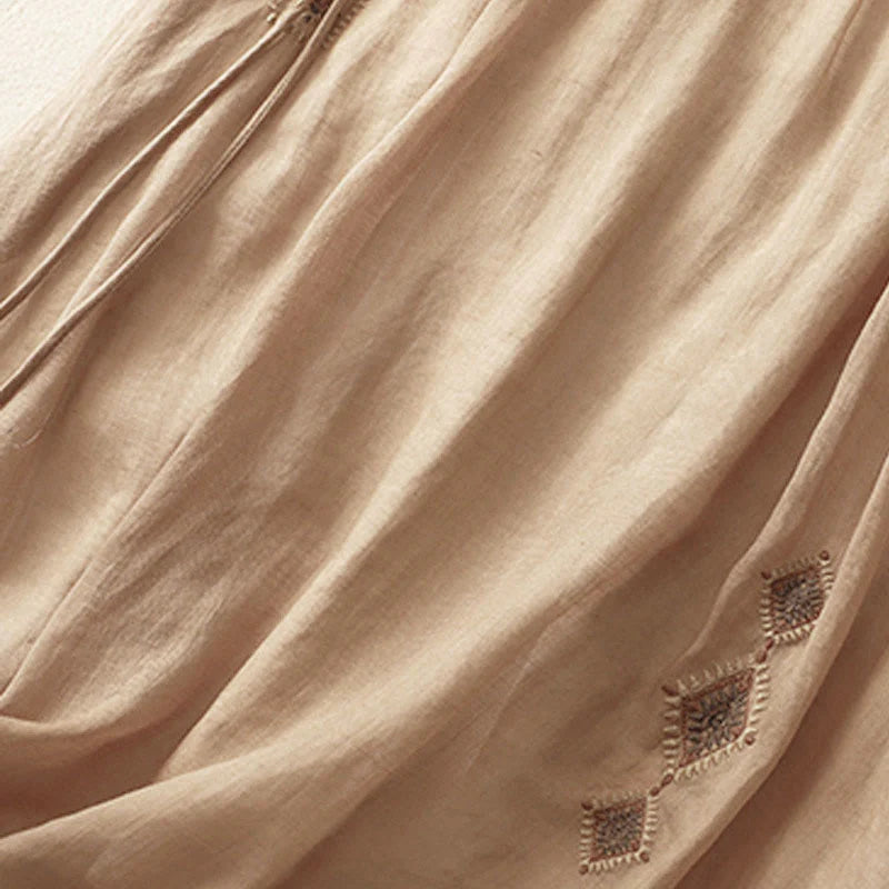 Buddha Stones Ethnic Vintage Embroidery Button Design Women's Cotton Linen 7-8 Length Skirt