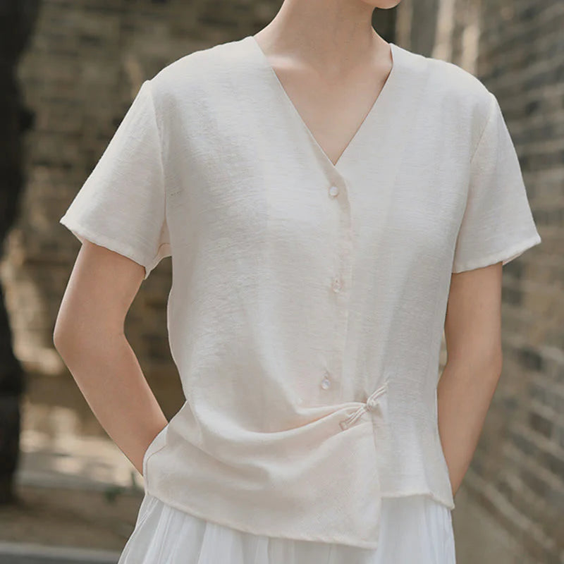 Buddha Stones Button Irregular Design V-Neck Cotton Linen Women's Short Sleeve Shirt