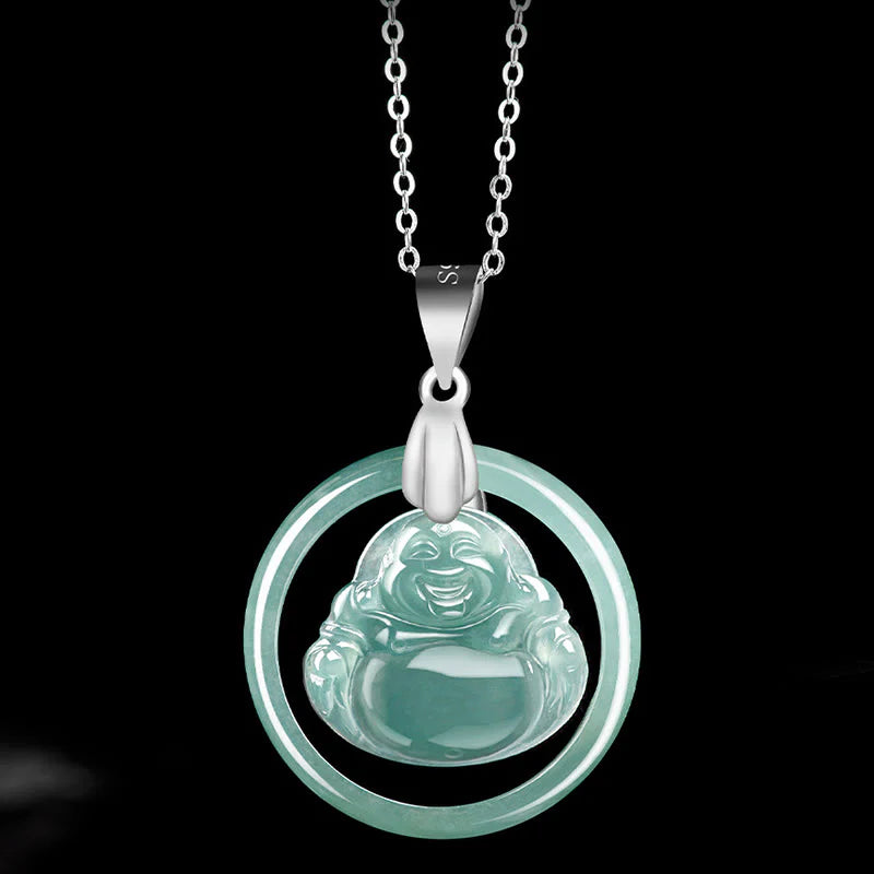 Buddha Stones Natural Jade Round Laughing Buddha Abundance Titanium Steel Chain Necklace Pendant