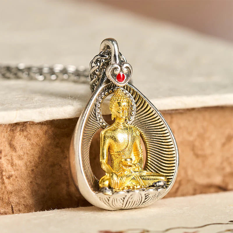 Buddha Stones Green Tara Shakyamuni Buddha Copper Plated Silver Curb Chain Luck Pendant Necklace