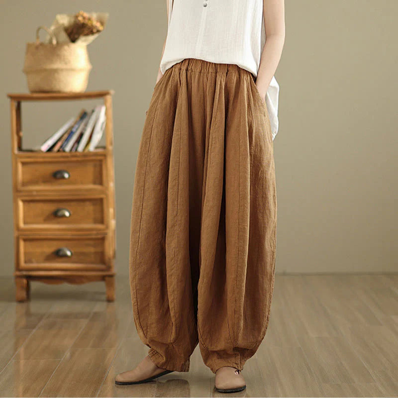 Buddha Stones Vintage Patchwork Lantern Design Cotton Linen Women's Wide Leg Pants With Pockets