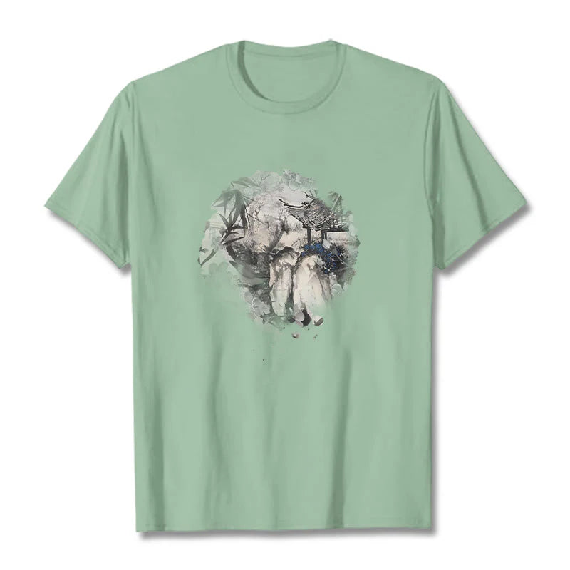 Buddha Stones Chinese Bamboo Mountain Pavilion Design Pattern Tee T-shirt