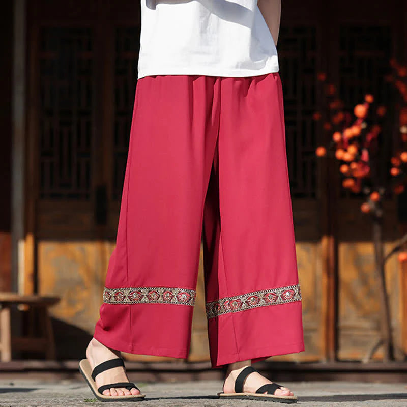 Buddha Stones Summer Cotton Embroidered Hem Elastic Waist Men's Cropped Wide Leg Pants With Pockets