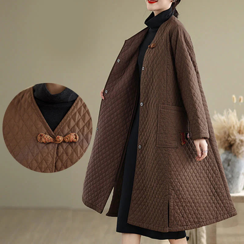 Buddha Stones Diamond Pattern Mid-length Women's Cotton Coat With Pockets