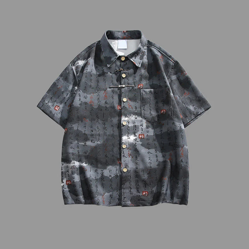 Buddha Stones Calligraphy Print Pattern Metal Bar Frog Closure Design Short Sleeve Men's Shirt With Pocket