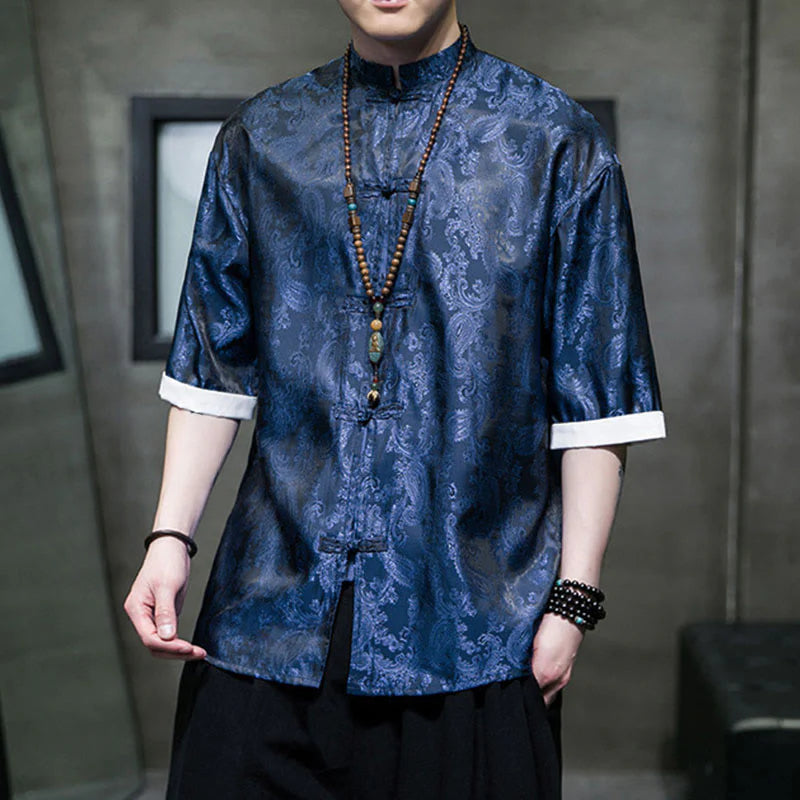 Buddha Stones Summer Cashew Flowers Pattern Men's Frog-Button Half Sleeve Shirts