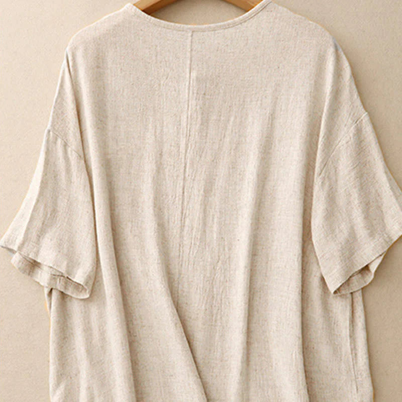 Buddha Stones Colorblock Side Slit  Frog-Button Cotton Linen Half Sleeve Women's Shirt With Pockets